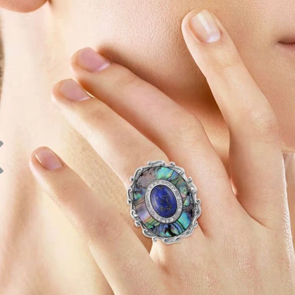 Abalone Shell Lapis Lazuli 3.00 ctw and Crystal Statement Ring Size 6 New - Picture 2 of 5